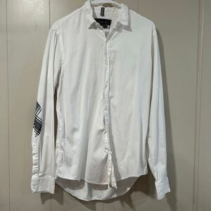 Zara Man Men’s Large Slim Fit White Button Down Shirt Plaid Elbow Patches